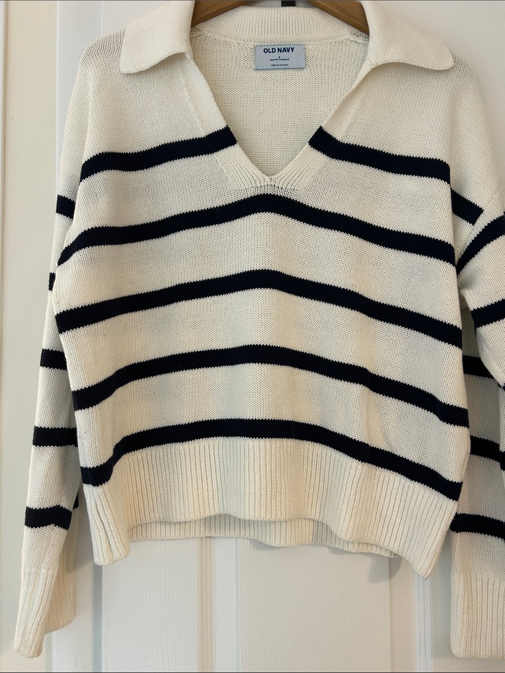 Old Navy Cream 100% Cotton Black Striped Collared V‑Neck Sweater